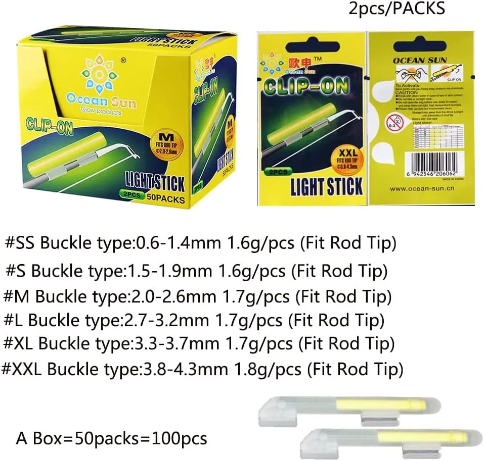 100PCS Ocean Sun Clip Snap On Fishing Glow Sticks Rod Tips Pole Light for Catfishing Surf Bank in The Dark