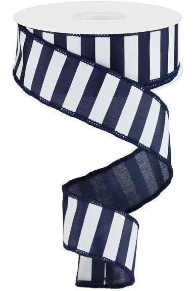 1.5" Medium Horizontal Stripe Ribbon: Navy Blue & White (10 Yards)