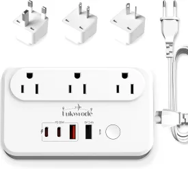 220V to 110V Voltage Converter Universal Travel Adapter with 35W PD 2 USB A Port 2 USB C, US to Europe International Power Converter Combo Plug for Worldwide European US EU AU UK silver white