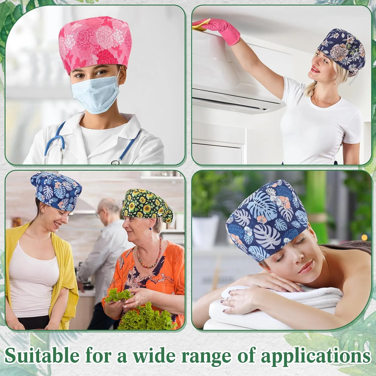 6 Pcs Scrub Cap Women Adjustable Nurse Cap with Button Bouffant Medical Surgical Hat with Sweatband Ponytail Holder