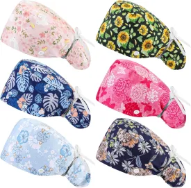 6 Pcs Scrub Cap Women Adjustable Nurse Cap with Button Bouffant Medical Surgical Hat with Sweatband Ponytail Holder