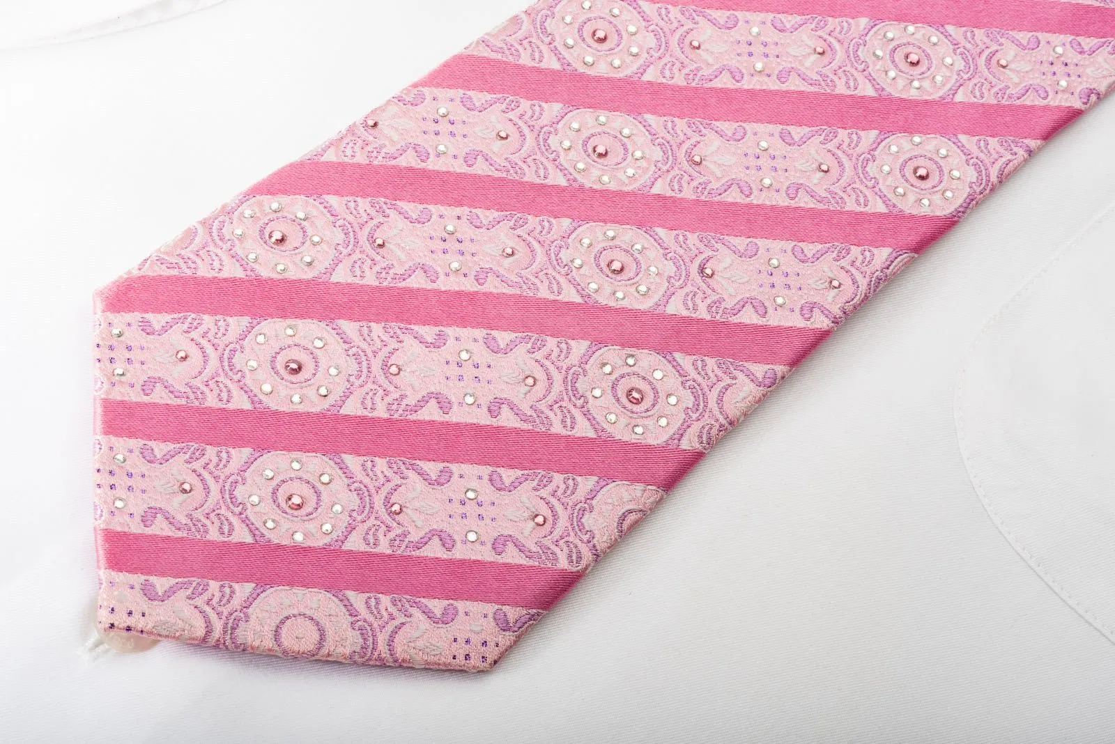 Arpeggio Rhinestone Silk Necktie Striped On Pink With Pink Sparkles