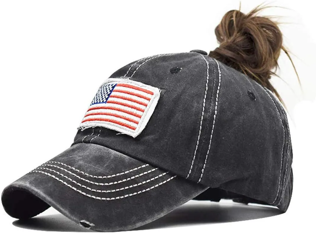 Baseball Hat Ponytail Cap Vintage Distressed American-Flag Hats Pony Tail Caps High Bun