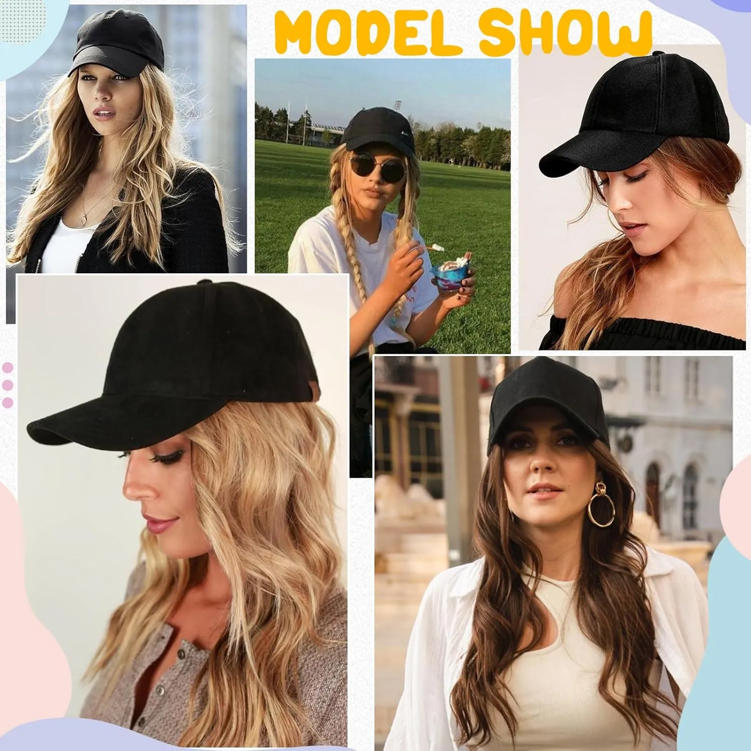 Baseball Hat Wig,Hat with Hair attached 24'' Adjustable Black Cap with Long Wavy Synthetic Hair Extensions for Women Girls(Medium Brown)