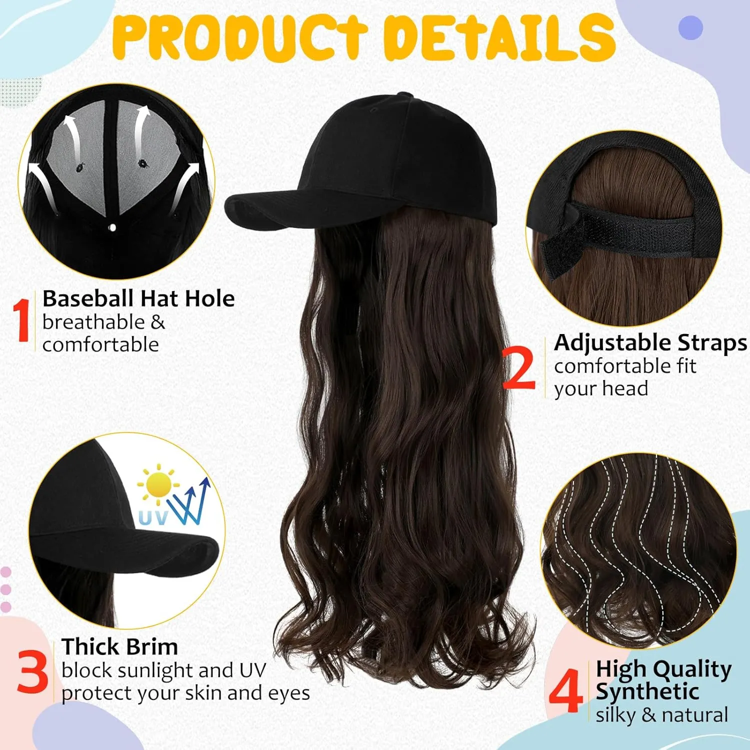 Baseball Hat Wig,Hat with Hair attached 24'' Adjustable Black Cap with Long Wavy Synthetic Hair Extensions for Women Girls(Medium Brown)