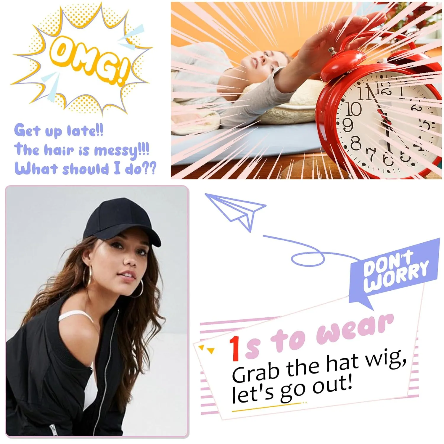 Baseball Hat Wig,Hat with Hair attached 24'' Adjustable Black Cap with Long Wavy Synthetic Hair Extensions for Women Girls(Medium Brown)