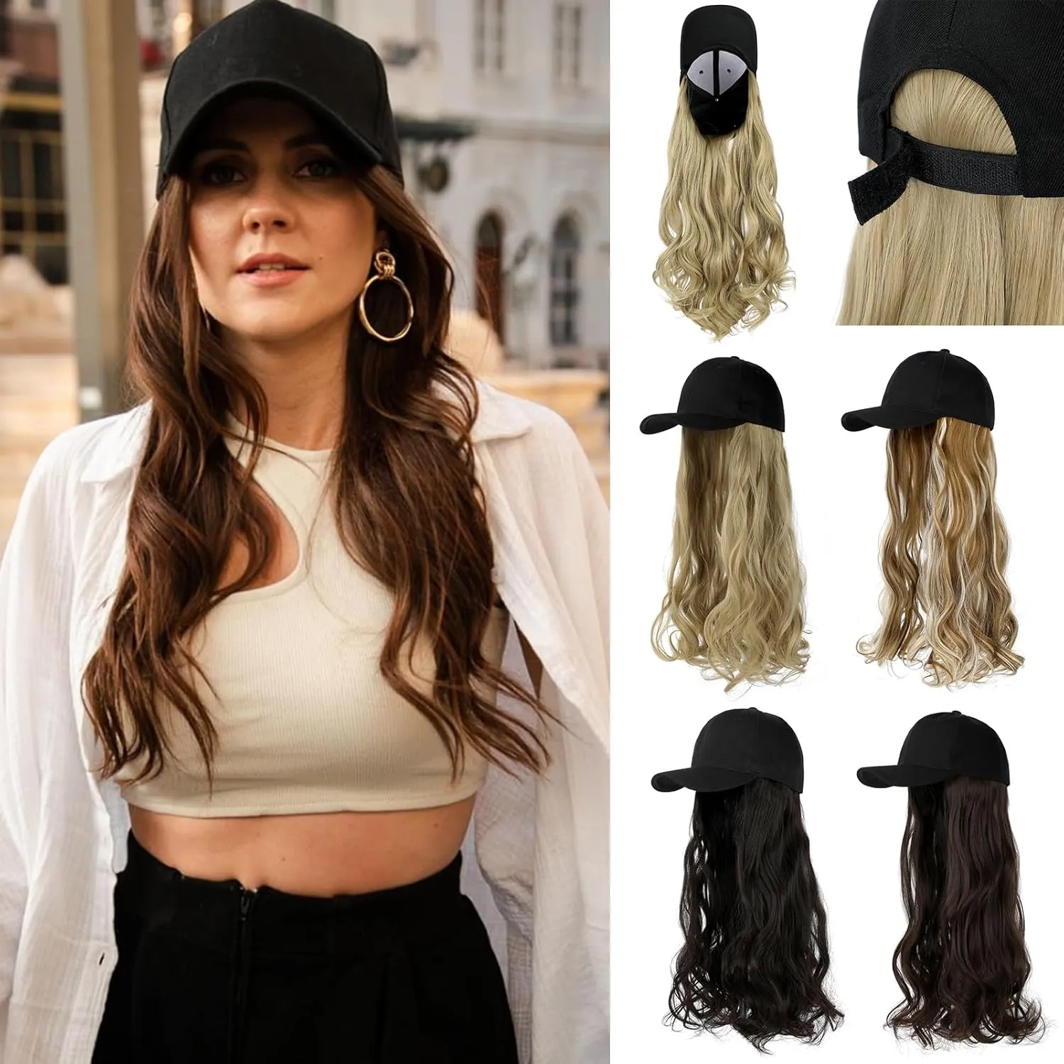 Baseball Hat Wig,Hat with Hair attached 24'' Adjustable Black Cap with Long Wavy Synthetic Hair Extensions for Women Girls(Medium Brown)