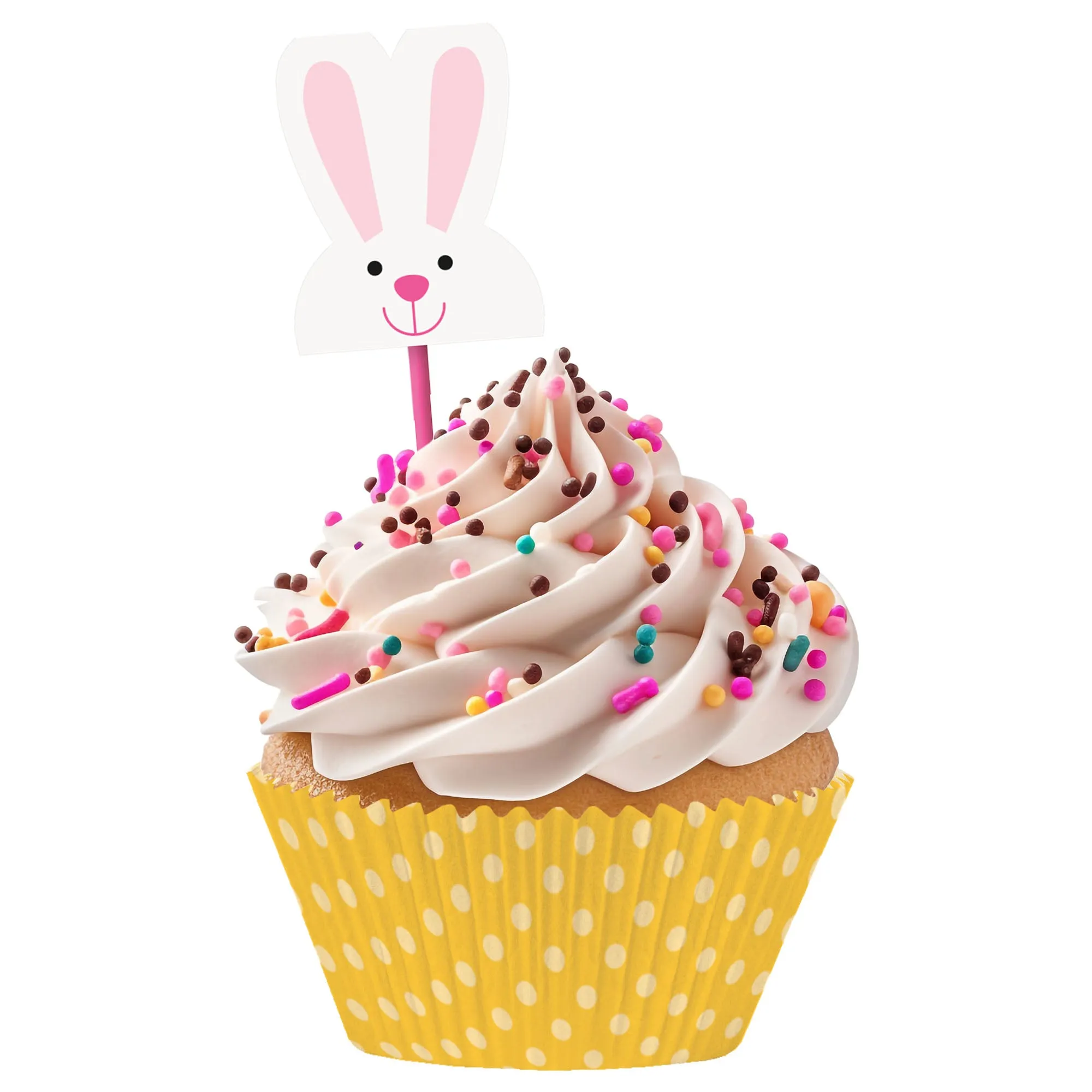 Bunny Rabbit Food Picks and Yellow Polka Dot Liners for 24 Cupcakes