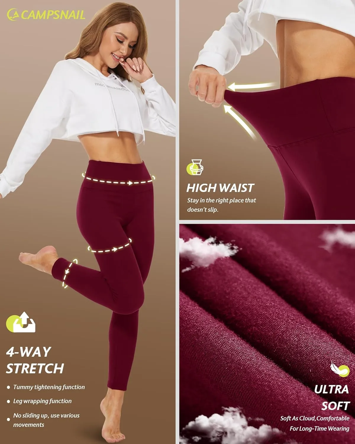 CAMPSNAIL Fleece Lined Leggings Women - Thick Soft High Waisted Black Tummy Control Thermal Warm Velvet Pants for Cold Winter