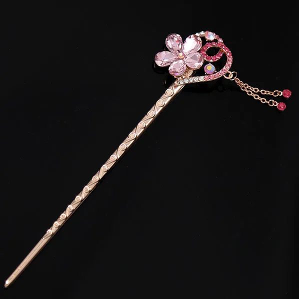 Czech Rhinestone Flower Gold Finish Hair Stick w/ Tassels