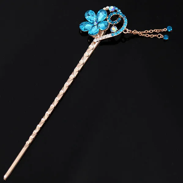 Czech Rhinestone Flower Gold Finish Hair Stick w/ Tassels