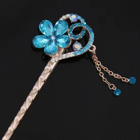 Czech Rhinestone Flower Gold Finish Hair Stick w/ Tassels