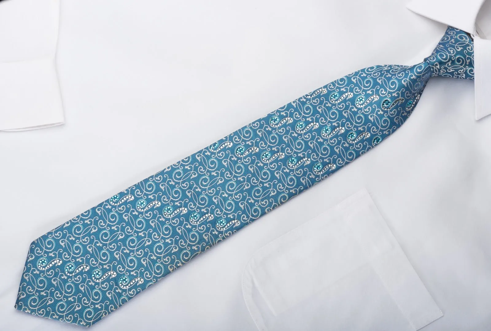 Daniel Hechter Men's Silk Tie Silver Filigree On Blue Sparkling With Rhinestones