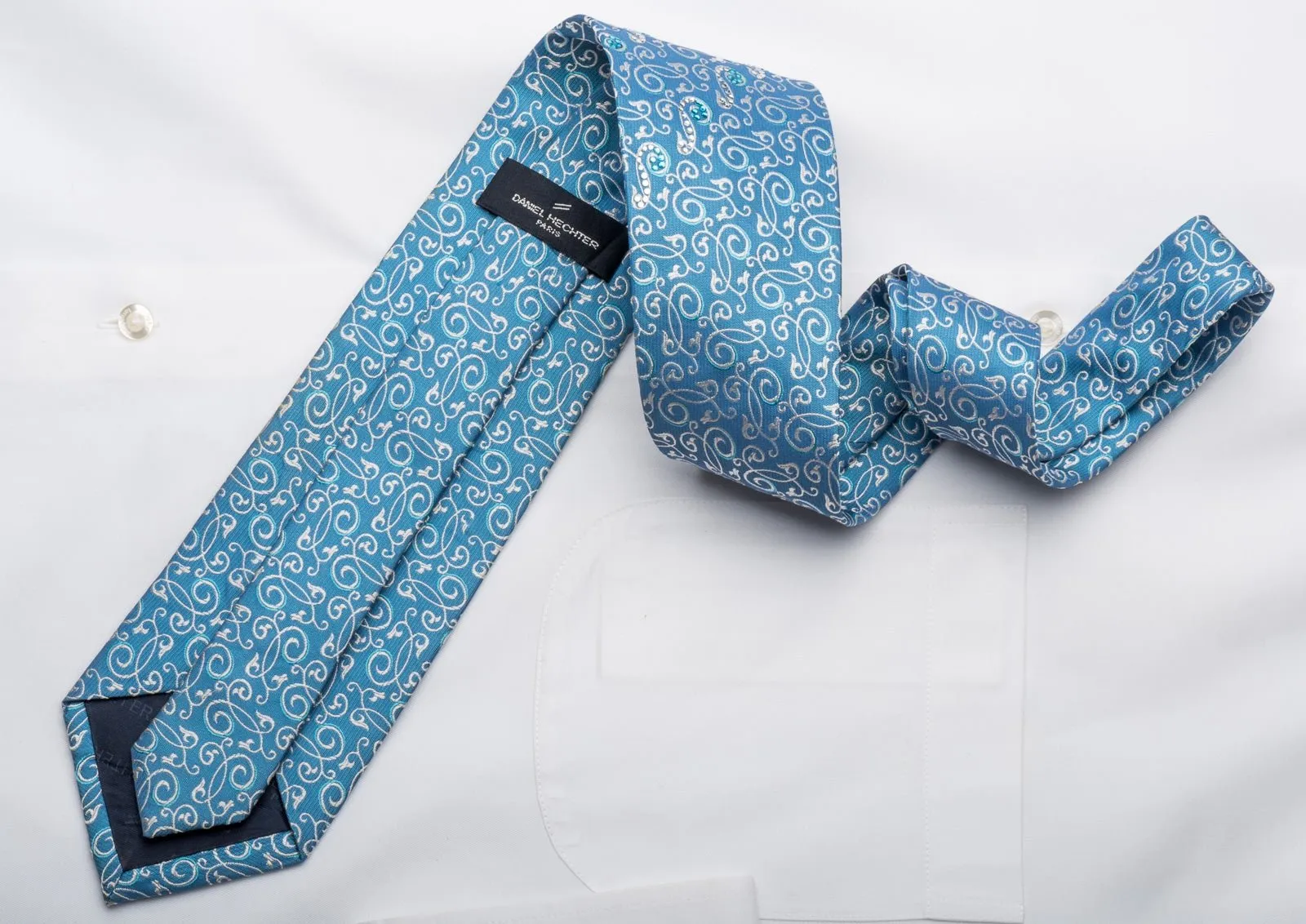 Daniel Hechter Men's Silk Tie Silver Filigree On Blue Sparkling With Rhinestones
