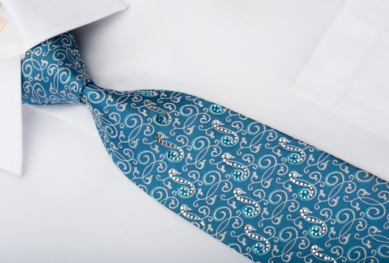 Daniel Hechter Men's Silk Tie Silver Filigree On Blue Sparkling With Rhinestones