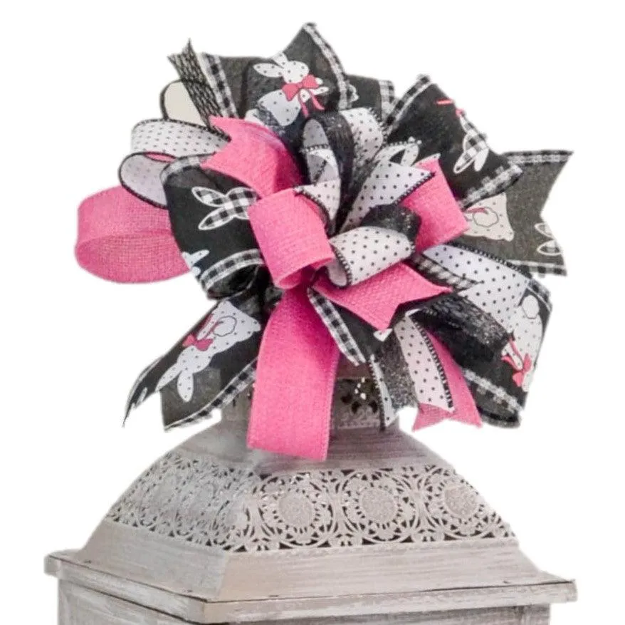 Easter Bunny Black Pink White Lantern Wreath Bow - Burlap Wreath Embellishment for Making Your Own - Layered Full Handmade Farmhouse Already Made (Easter (Black/Pink/White)