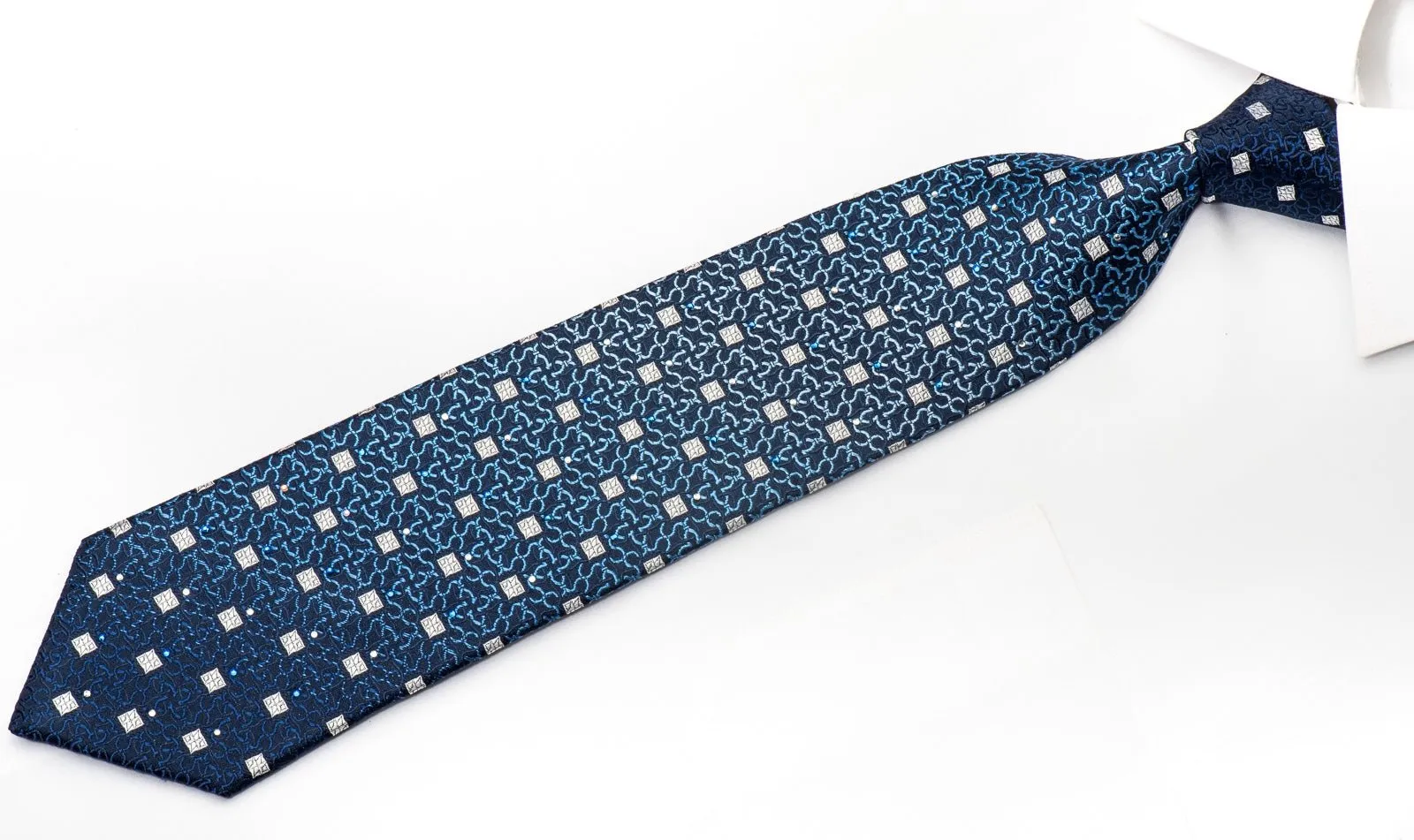 Emprise Mens Silk Necktie Geometric On Blue Sparkling With Rhinestones