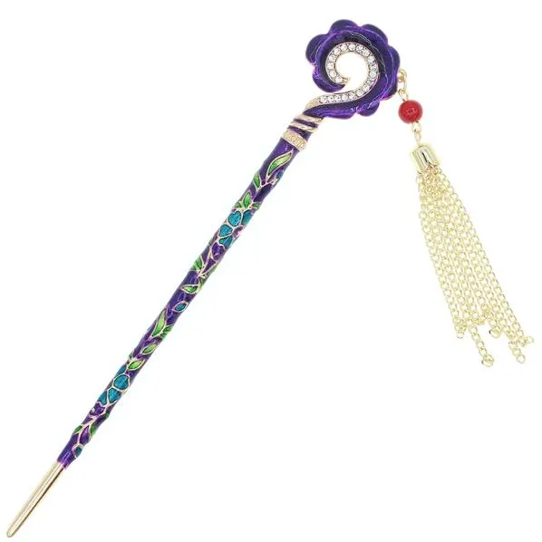 Enamel Cloisonne Hair Stick with Rhinestones and Tassels Hook