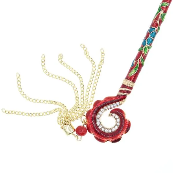 Enamel Cloisonne Hair Stick with Rhinestones and Tassels Hook