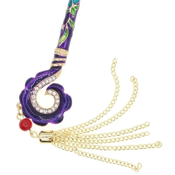 Enamel Cloisonne Hair Stick with Rhinestones and Tassels Hook