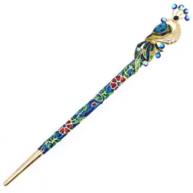 Enamel Cloisonne Peacock Hair Stick with Rhinestones