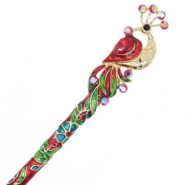 Enamel Cloisonne Peacock Hair Stick with Rhinestones