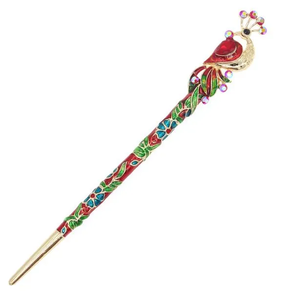Enamel Cloisonne Peacock Hair Stick with Rhinestones