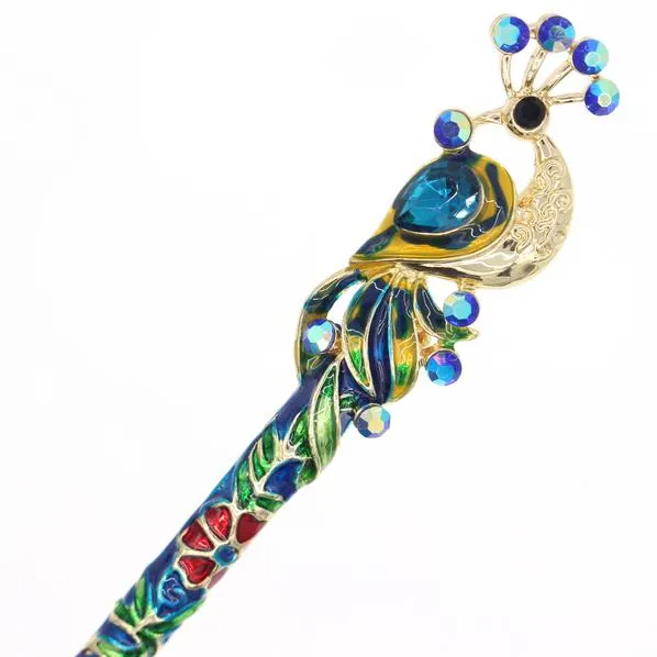 Enamel Cloisonne Peacock Hair Stick with Rhinestones