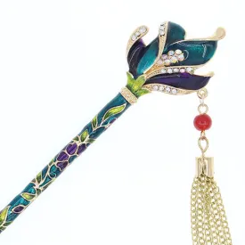 Enamel Floral Petals Hair Stick w/ Rhinestones and Tassels