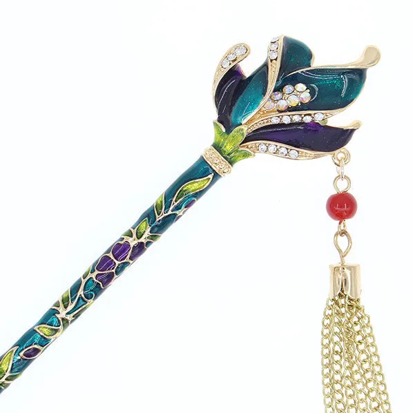 Enamel Floral Petals Hair Stick w/ Rhinestones and Tassels