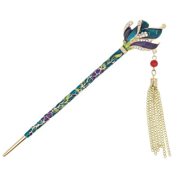 Enamel Floral Petals Hair Stick w/ Rhinestones and Tassels