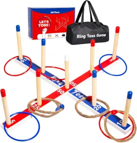 EVERICH TOY Indoor Outdoor Toys Games Upgraded Large Wooden Ring Toss Game Yard Games for Kids, Lawn Outdoor Games for Family with 10 Plastic Ring and 10 Ropes,1 Carry Bag