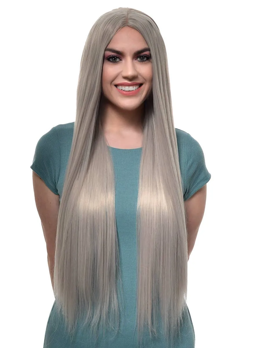 Extra Long Straight Silver Synthetic Fashion Wig with Lace Part