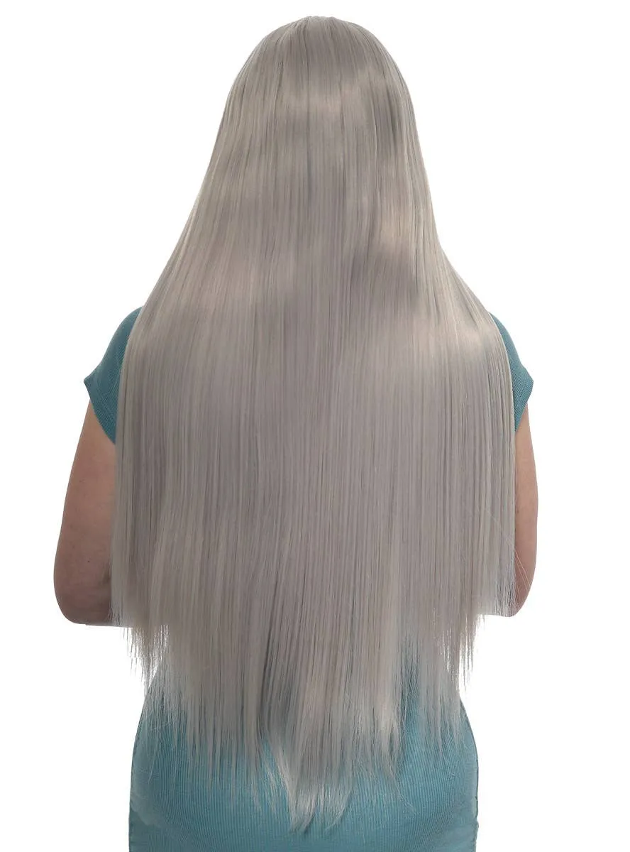 Extra Long Straight Silver Synthetic Fashion Wig with Lace Part