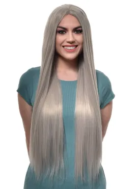 Extra Long Straight Silver Synthetic Fashion Wig with Lace Part