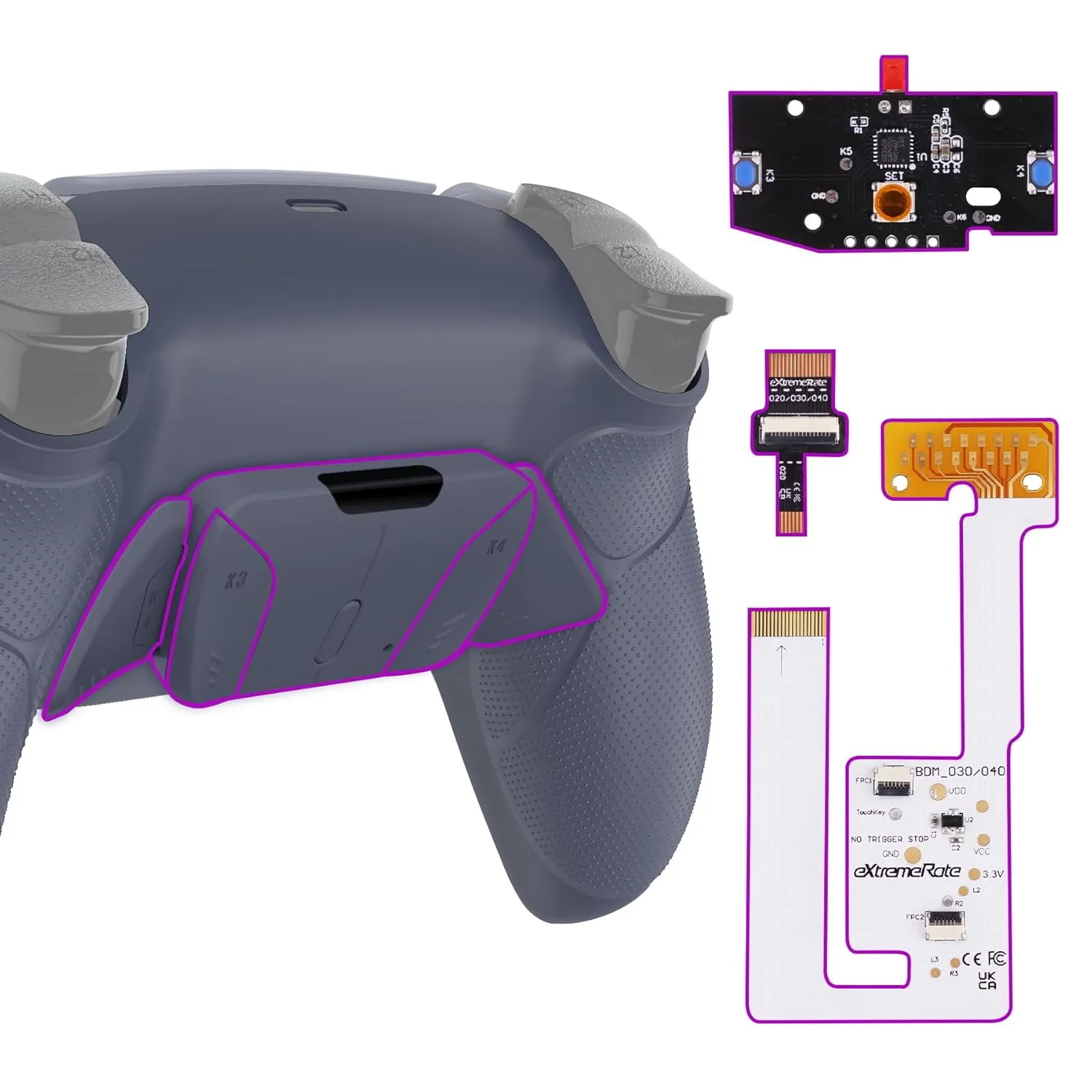 eXtremeRate Sterling Silver Rubberized Grip Programable RISE4 V3 Remap Kit for PS5 Controller - BDM-030 040 050, Upgrade Board Redesigned Bottom Shell 4 Back Buttons
