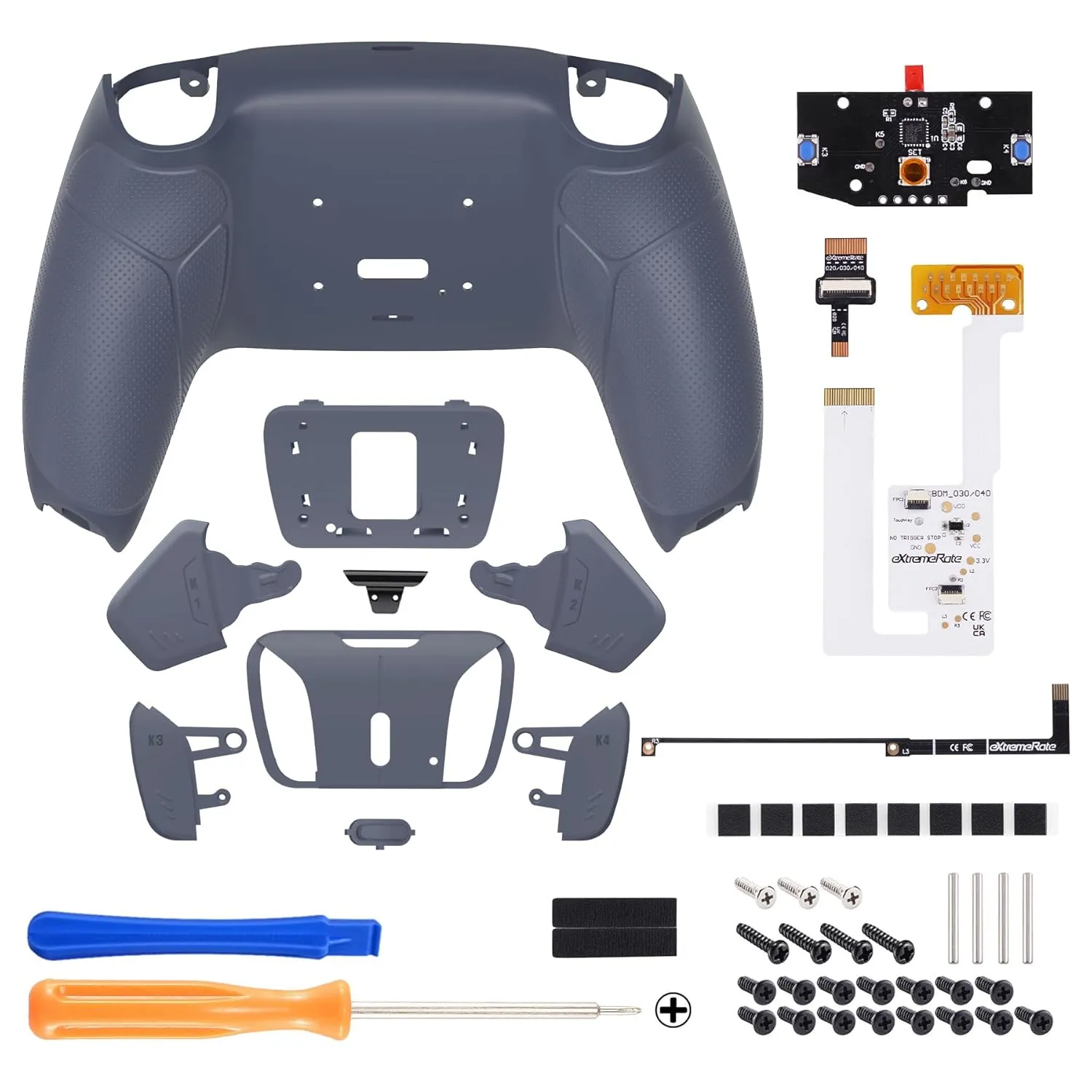 eXtremeRate Sterling Silver Rubberized Grip Programable RISE4 V3 Remap Kit for PS5 Controller - BDM-030 040 050, Upgrade Board Redesigned Bottom Shell 4 Back Buttons