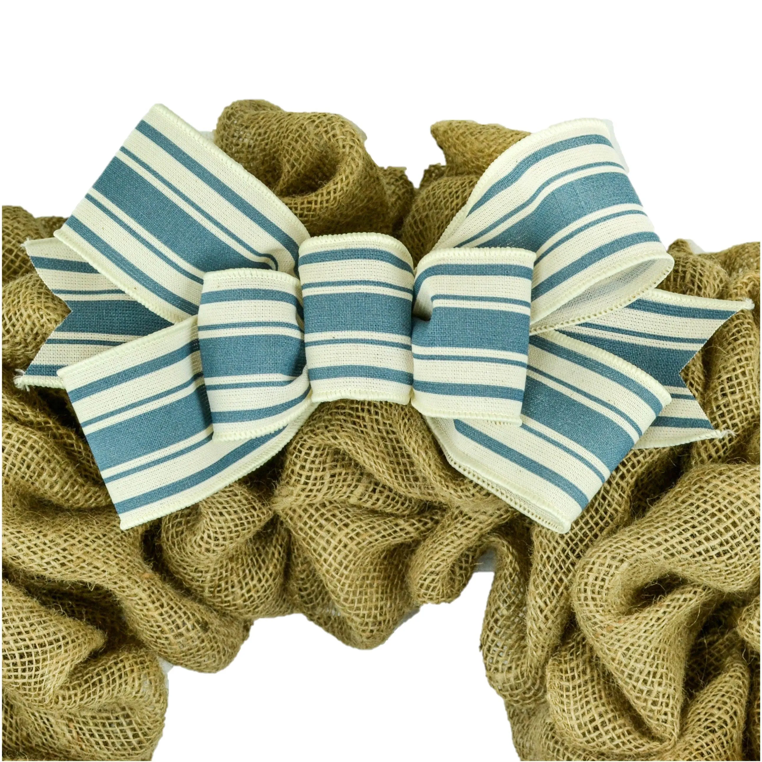 Farmhouse Cornflower Light Blue Ivory Off White Stripe Add On Wreath Bow - Wreath Embellishment for Already Made Wreath