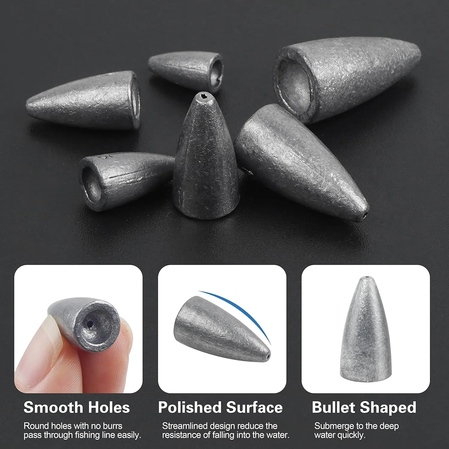 Fishing Weights Sinkers, 50pcs Bullet Fishing Sinkers Worm Weights Slip Sinkers Sliding Fishing Weights for Bass Fishing Pitching and Flipping Texas Rigs Saltwater Freshwater Fishing Tackle