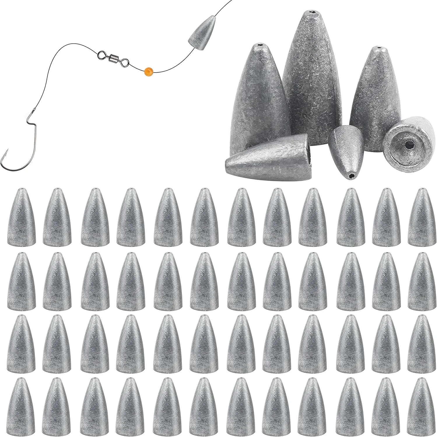 Fishing Weights Sinkers, 50pcs Bullet Fishing Sinkers Worm Weights Slip Sinkers Sliding Fishing Weights for Bass Fishing Pitching and Flipping Texas Rigs Saltwater Freshwater Fishing Tackle