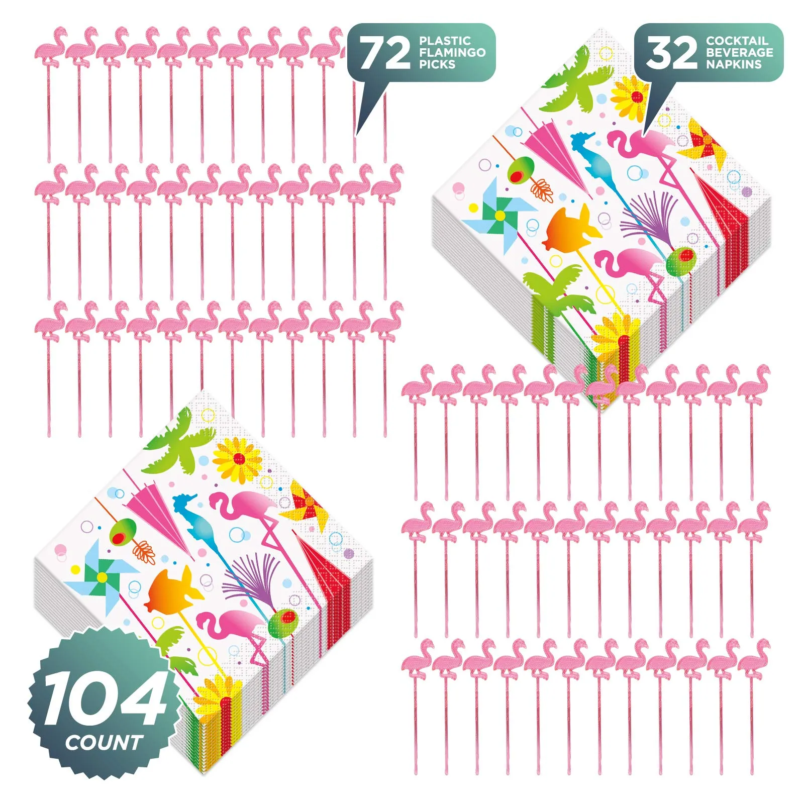 Flamingo Party Accessories - Plastic Food Picks and Summer Cocktail Beverage Napkins for 32 Guests