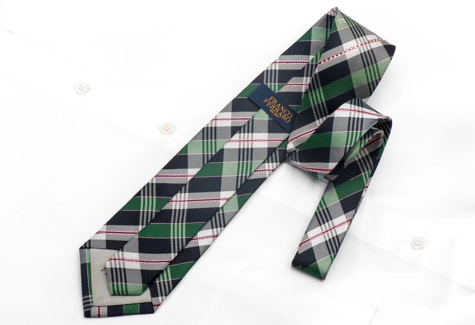 Franco Ferraro Men's Rhinestone Silk Necktie Green Navy Plaid Design With Sparkles
