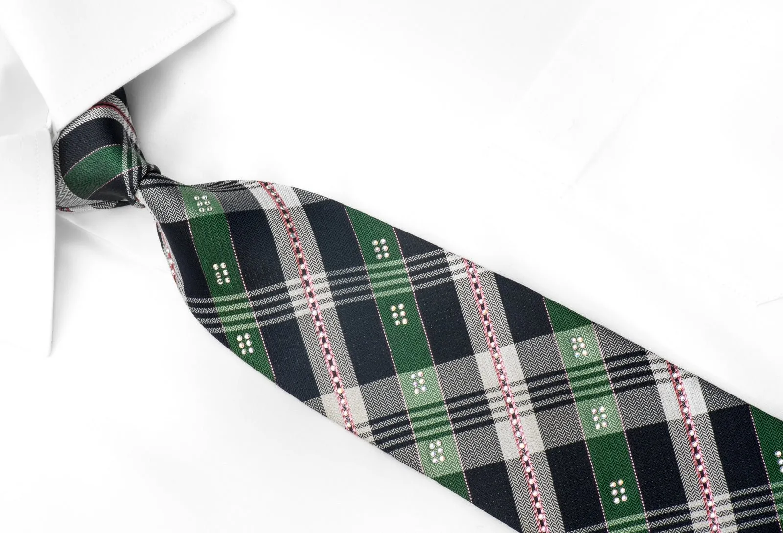 Franco Ferraro Men's Rhinestone Silk Necktie Green Navy Plaid Design With Sparkles