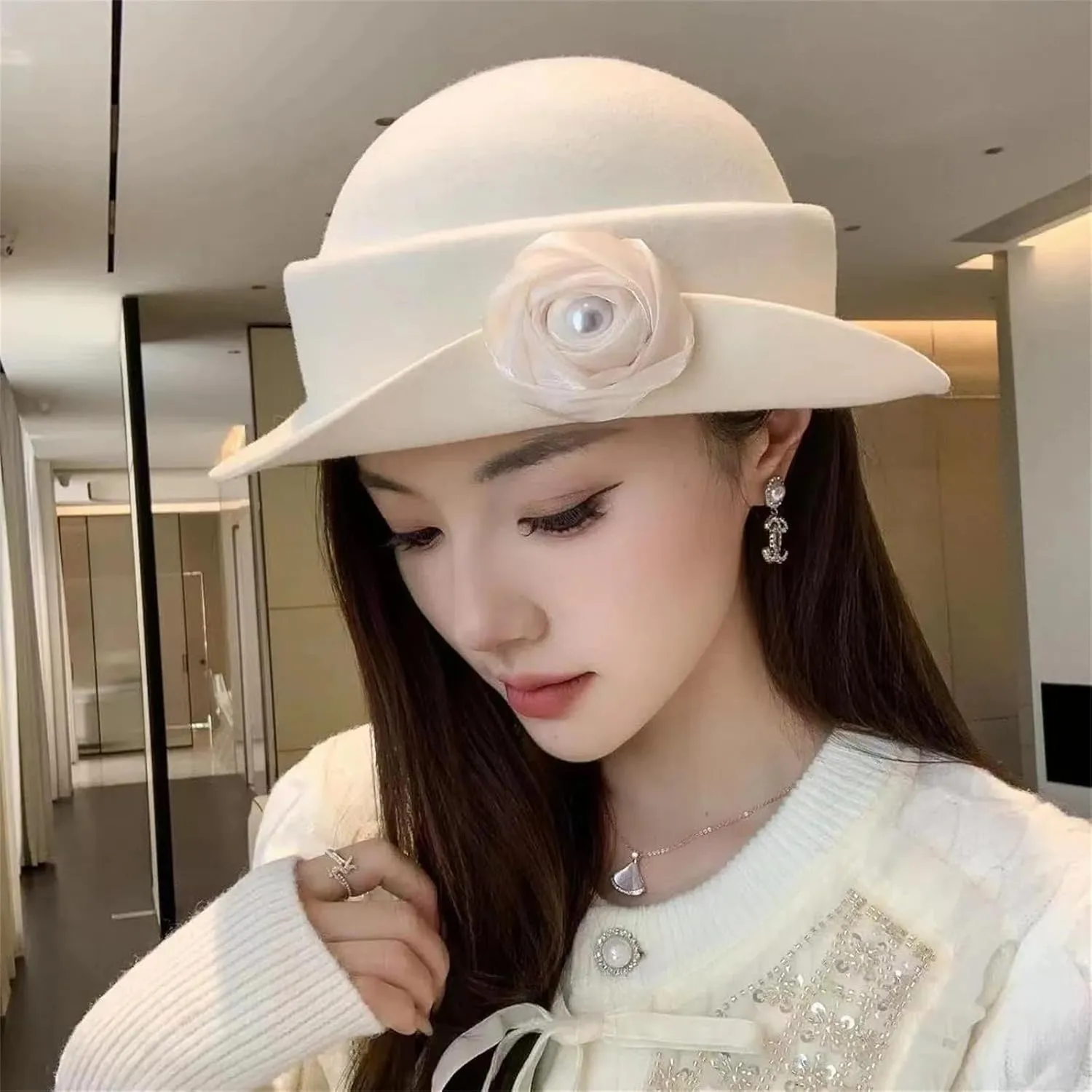 French Australian Wool Felt Hat Flower Hat Women Elegant Banquet Top Hat