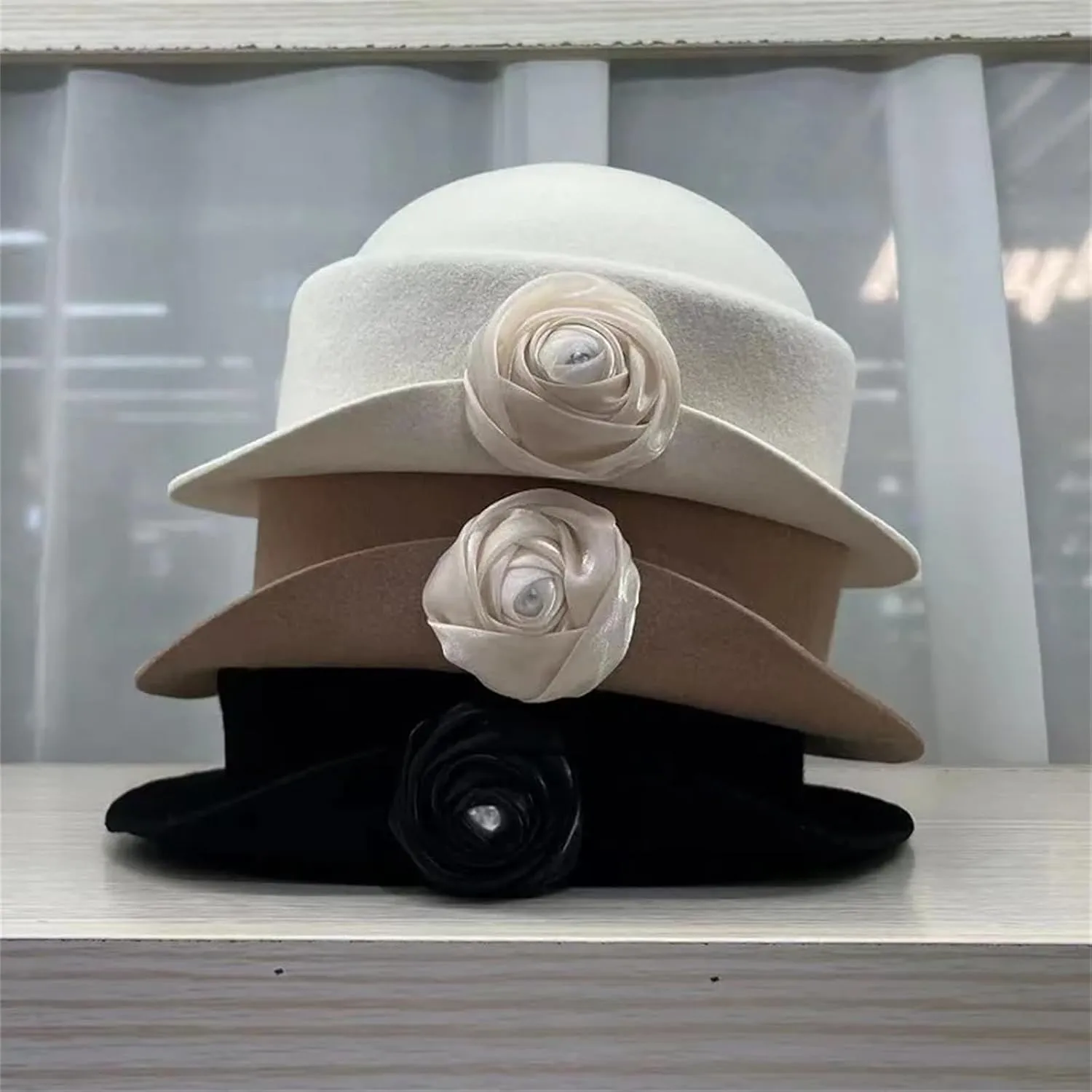 French Australian Wool Felt Hat Flower Hat Women Elegant Banquet Top Hat