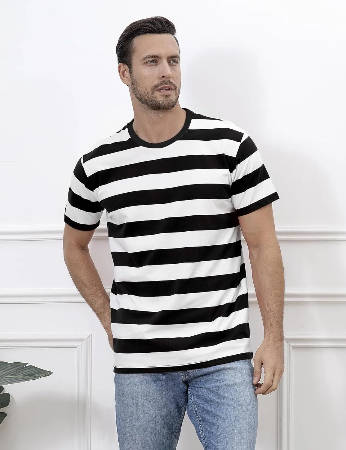 Funny World Men's Cotton Striped T-Shirt Crew Neck Short Sleeves Basic Casual Top