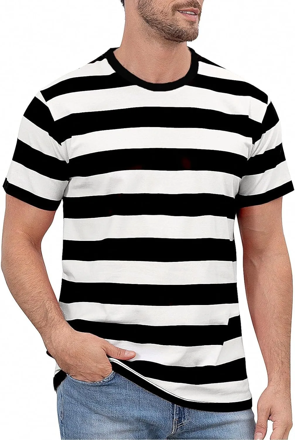 Funny World Men's Cotton Striped T-Shirt Crew Neck Short Sleeves Basic Casual Top