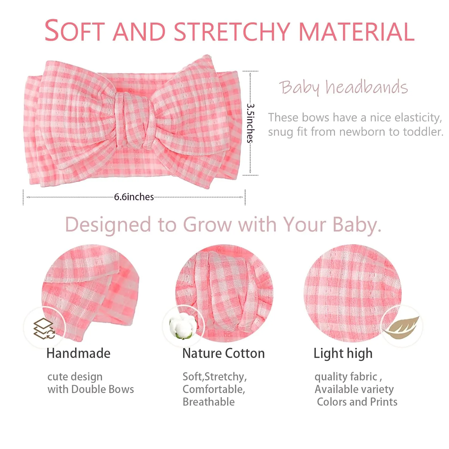 Handmade Baby Bow with Knotted Double Bows Stretchy Soft Cotton Infant Headwrap Comfortable Hair Accessories for Newborn,Toddler,Kids (Pink Plaid)