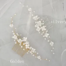 Handmade White Porcelain Flower Wedding Hair Comb Vine With Pearls