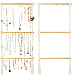 Hanging Jewelry Organizer Macrame Necklace Holder, with 30 Hooks, Over Door Necklace Rack, Wall Mounted Jewelry Hanger with Tassel Boho for Necklace Headband Bow Earring Bracelet